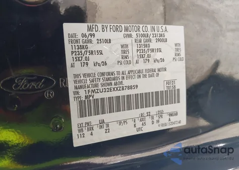 1999 Ford Explorer Eddie Bauer/Limited Edition/Xlt from USA, damaged, VIN 1FMZU32EXXZB78859